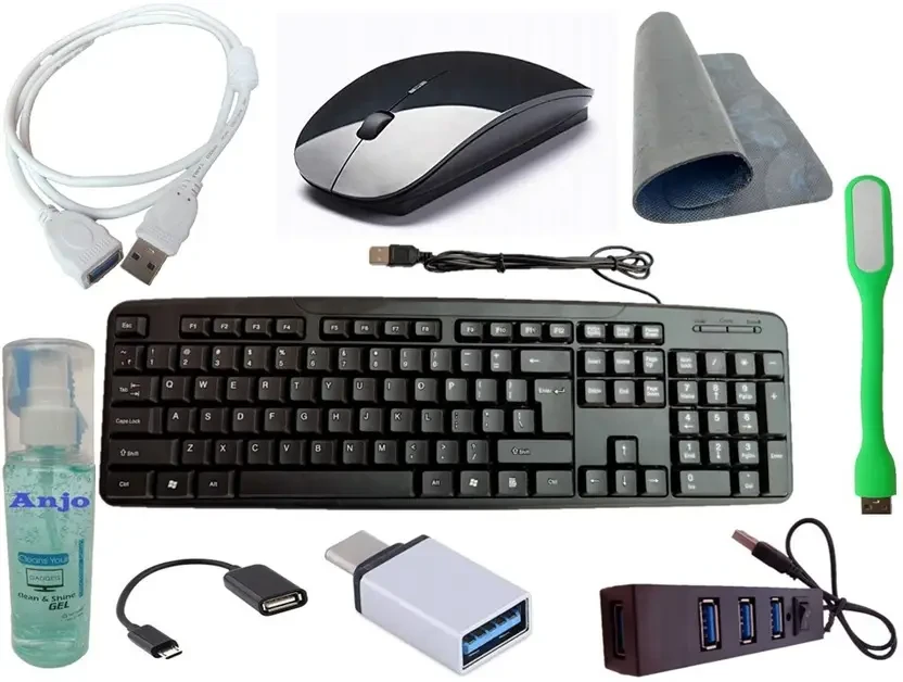 USB Keyboard-Wireless Mouse-Pad-USB Hub-Cleaner-LED-Ext. Cable-OTG (9 in 1) Combo Set Designed for Gaming  (Black)