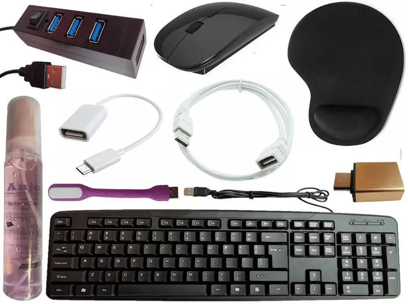 Keyboard-Wireless Mouse-Wrist Support Pad-2.0 Hub-Cleaner-OTG C&Micro-Ext.-LED Combo Set Designed for Gaming  (Black)