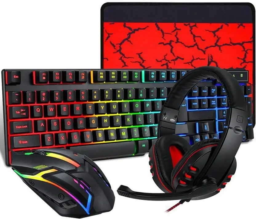 Wired Gaming Keyboard and Mouse Headset Combo 4 in 1 Gaming Set 104 Keys Combo Set Designed for Gaming  (Black)